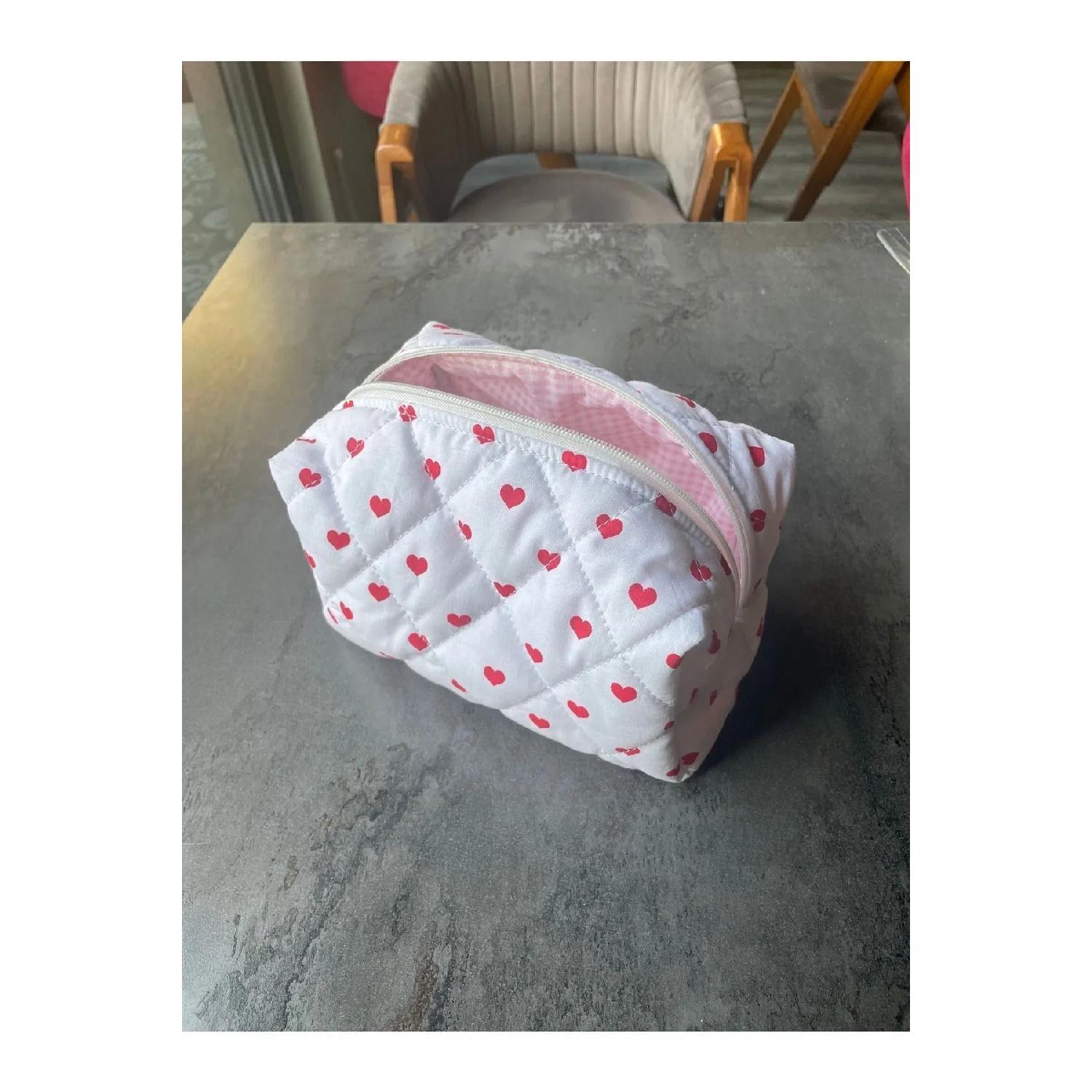 

Heart Patterned Makeup Bag - Large Size With Red Lining