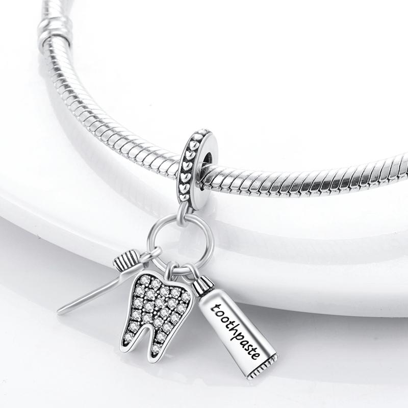 Diapositiva Original de Plata de Ley 925 Colgante Cepillo de Dientes Diente Perla Compatible con Pulsera Original Para Mujeres Joyería DIY Regalo