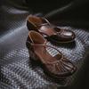 Johnature Genuine Leather French Cross Belt High Heel Sandals Fashionable Versatile Coarse Heel Women's Shoes