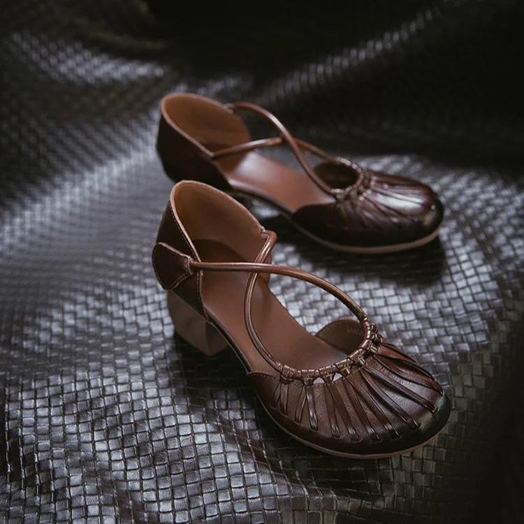Johnature Genuine Leather French Cross Belt High Heel Sandals Fashionable Versatile Coarse Heel Women's Shoes