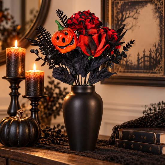 Decorative Silk Flowers for Showcases Halloween Artificial Flower Bouquet, Eucalyptus Floral Stems with Pumpkin Skull, Fake Reusable Dark Theme Party