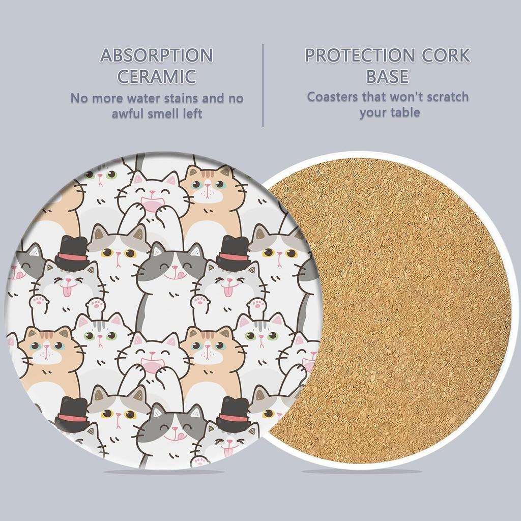 Drink Coasters Set of 6 with Holder, Cute Cats Absorbent Ceramic Coasters with Cork Base,Fit All Cups,Great Gift for Housewarming,Room