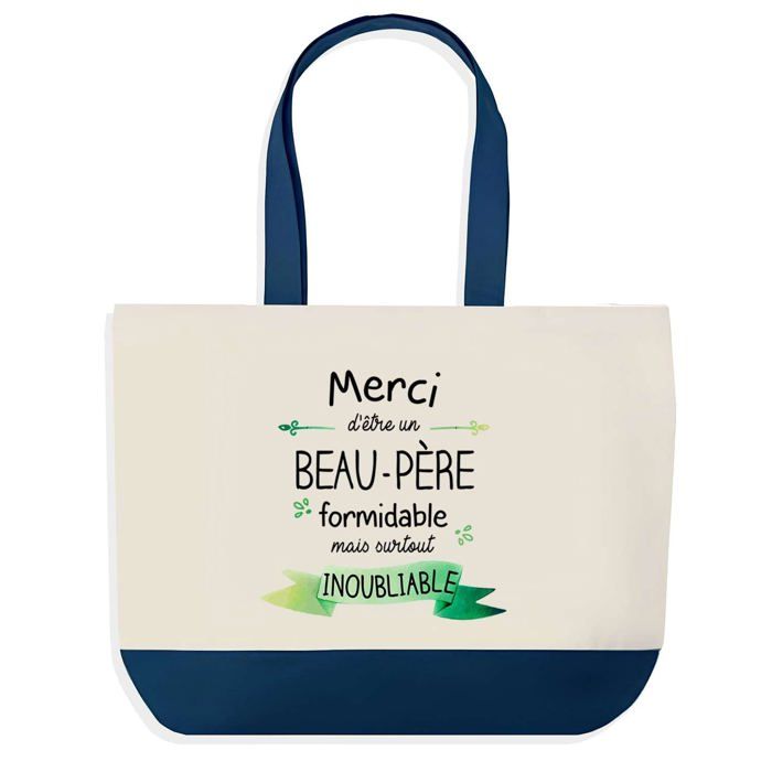 Tote bag - PLANETEE - Merci Beau-Père Inoubliable - Fond bleu - Coton - 40x45 cm