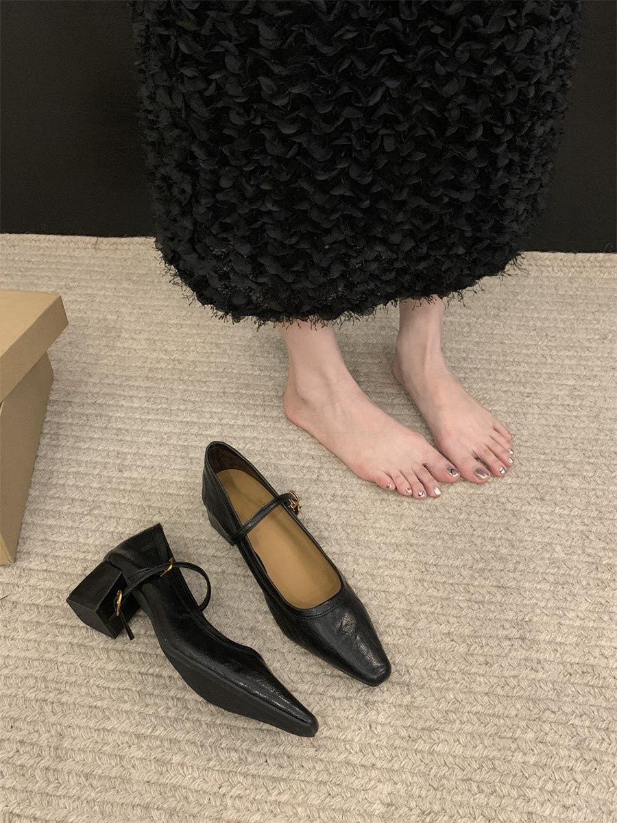 

Туфли Мэри Джейн на высоком каблуке с острым носком и неглубоким вырезом, новинка весны 2025 года, на толстом каблуке, французские, с юбкой, темпераментные, одинарные туфли, женская обувь 35