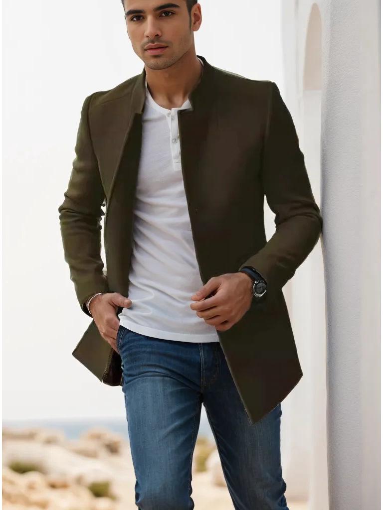 

Men s Slim Fit Woolen Coat - Solid Color, Spring/Autumn Casual Style Suit for Youth XXXL