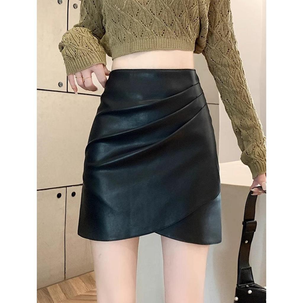 Women's A-Line Plus Size High Waist PU Leather Skirt – Korean Style, Irregular Hem, Anti-Exposure, Hip-Hugging for Autumn