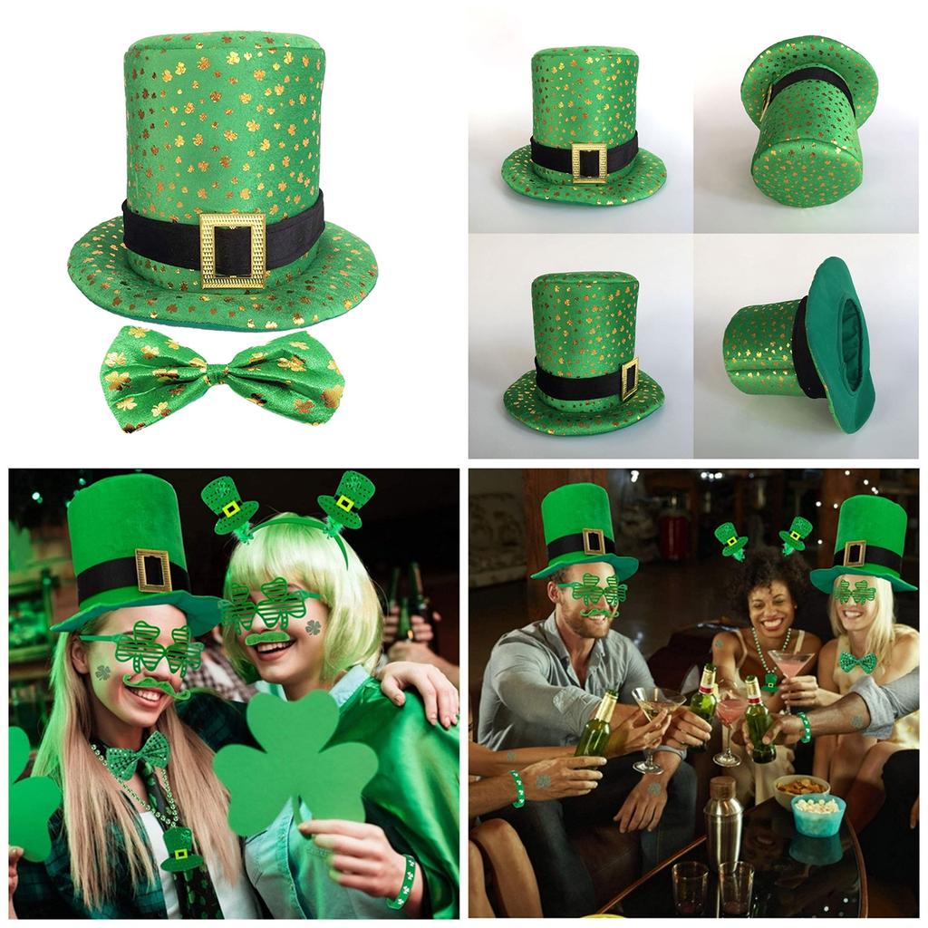 StPatrick Day Green Hat & Bowtie Set Shamrock Hat Irish National Day Celebration Party Flat Top Hat Carnival Accessories