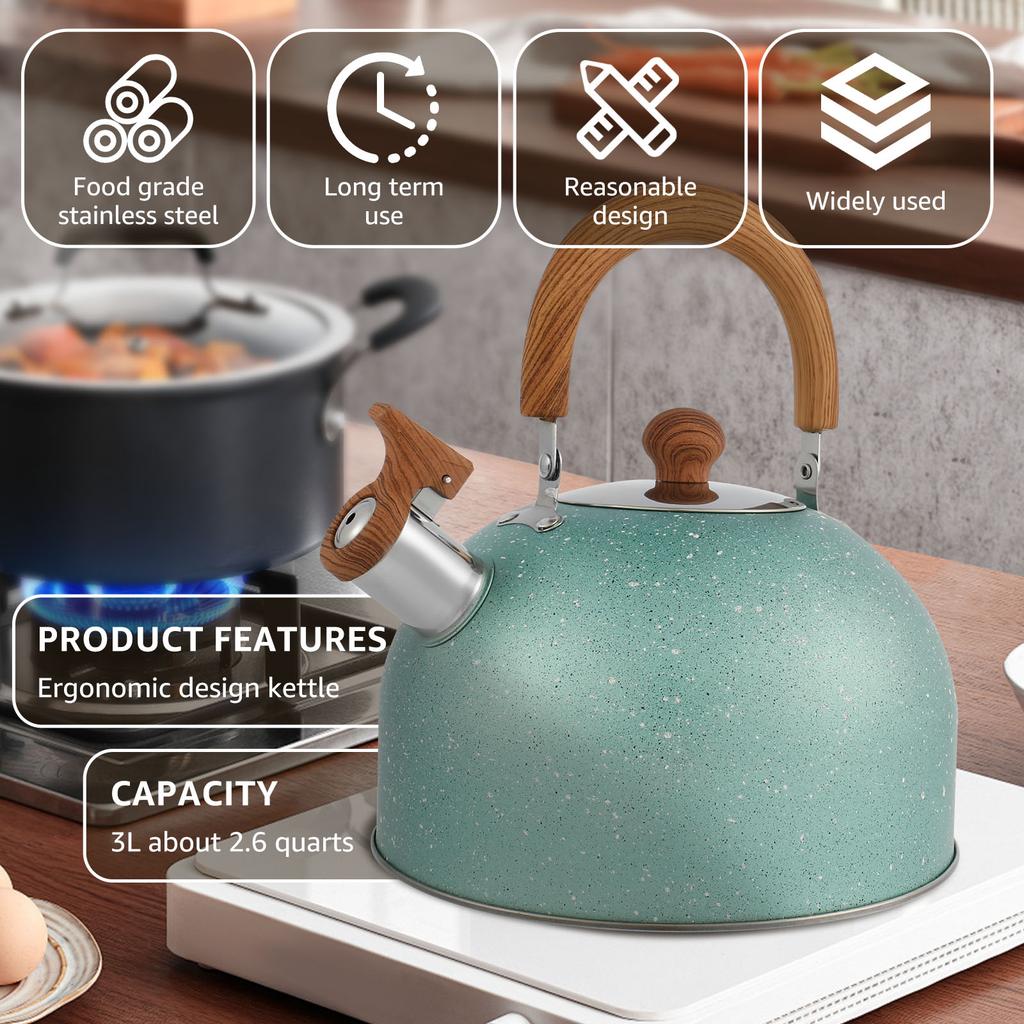 2.6QT Tea Kettle Stainless Steel Whistling Tea Kettle Flat-bottomed Boiling Water Kettles Stovetop Water Boiler for Home Kitchen