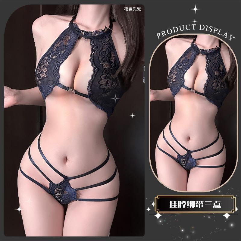 Sex underwear charm lace hollow sexy three-point flirting perspective free set qqny witch game