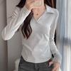 Korean POLO collar versatile long-sleeved front shoulder T-shirt women's autumn spice girl pleated waist and thin bottoming shirt top