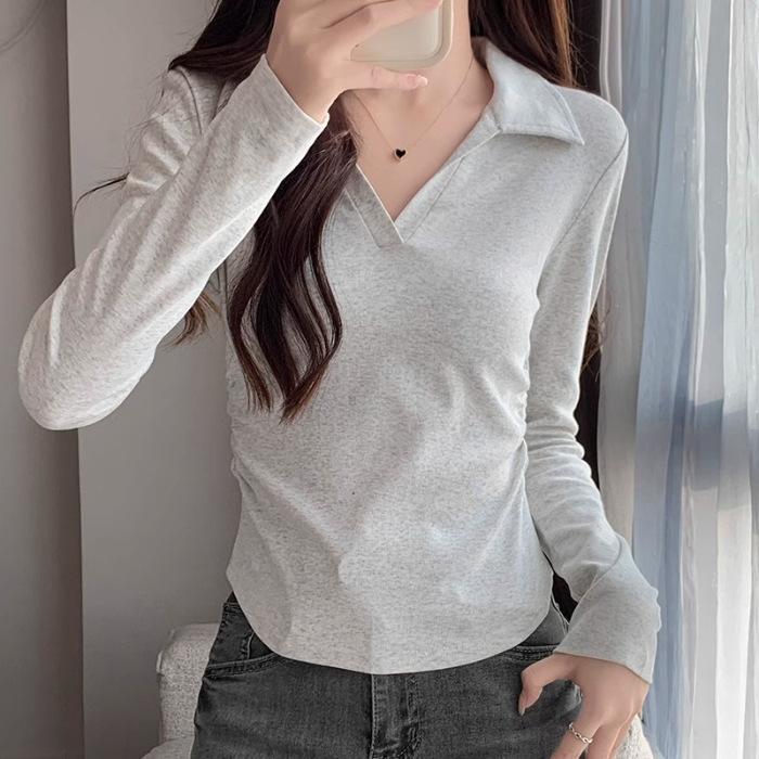 Korean POLO collar versatile long-sleeved front shoulder T-shirt women's autumn spice girl pleated waist and thin bottoming shirt top
