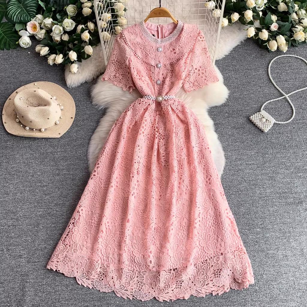 Elegant Pearl Chain Diamon Luxury Embroidery Lace Prom Evening Dresses Women Summer Short Sleeve Hollow Out Midi Long Dress