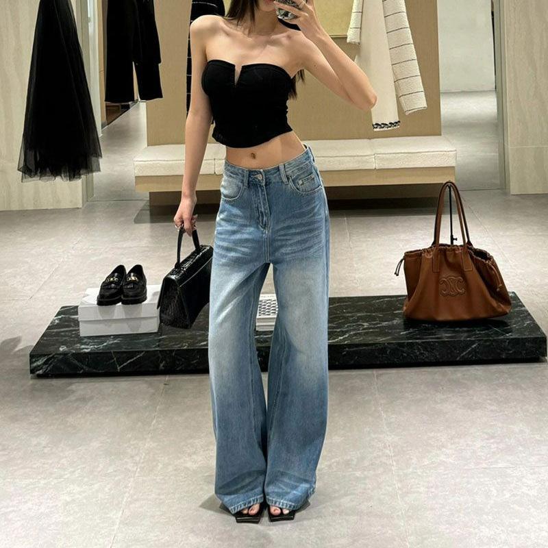 Pear Shaped Figure Milled White Large Size High Waist Wide Leg Jeans Women Washed Loose Do Old Trailing Floor Straight Trousers Long Denim Pants