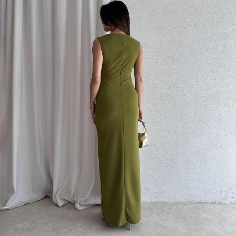 2025 Women's Sleeveless Square Neck Solid Color Bodycon Midi Dress