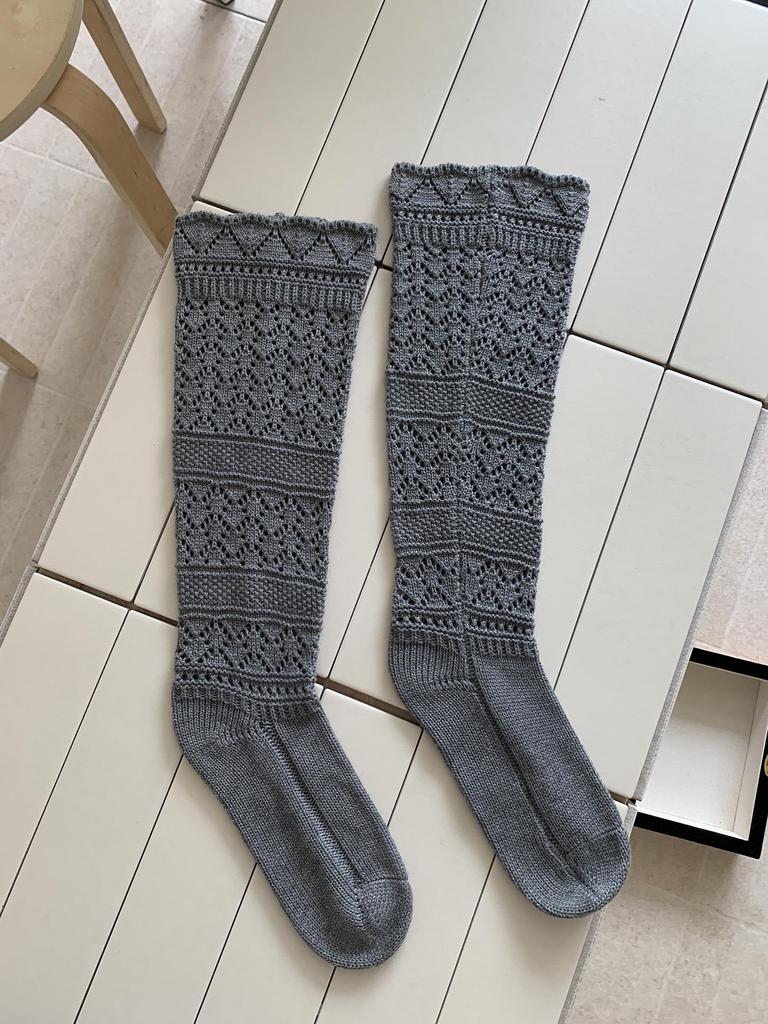Wei Xue Autumn/Winter Hollowed Wool Slouch Calf Socks: Runway Style Knitted Lace, Warm & Slimming.