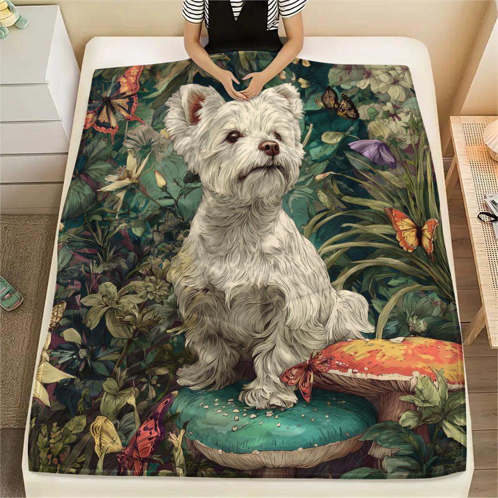 Maltese Dog and Grass,pattern Flannel Blanket, High Quality Comfortable for All Seasons, Home Decor, Warmth and Comfort, Perfect for Gifts.