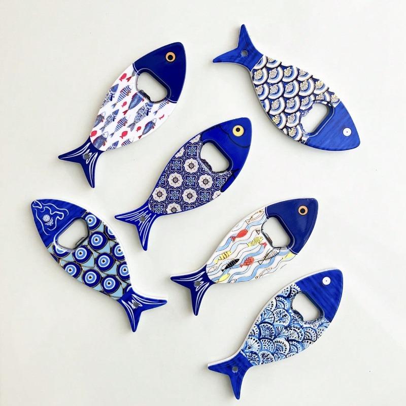 

6pcs/SET Fish Shape Bottle Opener Refrigerator Sticker Relief Texture Bronzing Process Three-dimensional Refrigerator Sticker