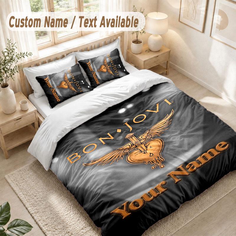 Custom Name Bedding Set 3 PiecesBon Jovi Print Duvet Cover + 2 Pillowcases Soft Bed Decor