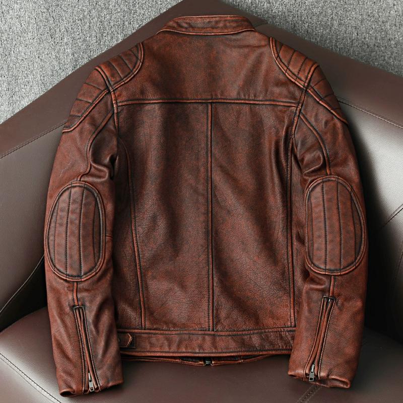 Vintage Genuine Leather Jacket for Men Distressed Short Slim Fit Stand Collar Biker Coat