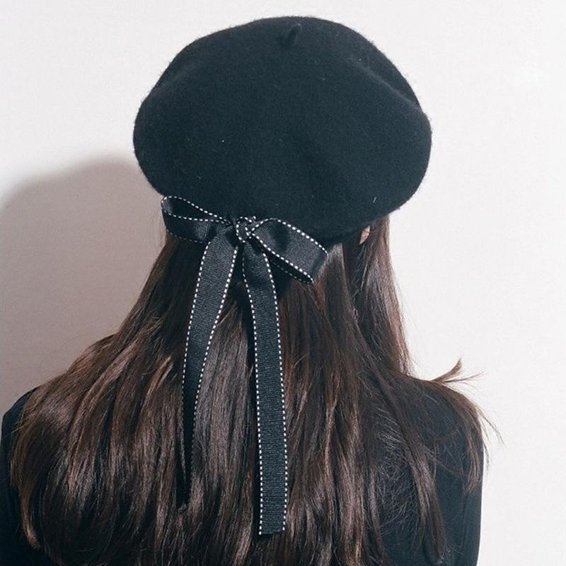 New Harajuku Bow Wool Beret Tide Ladies Autumn Winter Bud Painter Hat Versatile Black