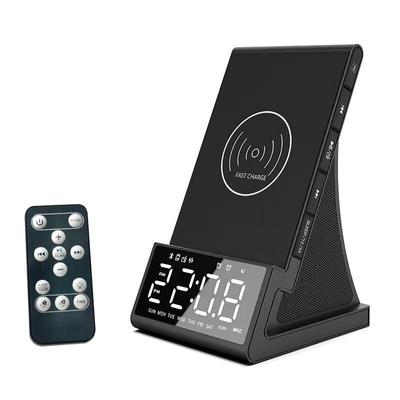 Alarm Clock with Wireless Charging Dock Smart Phone Stand Remote Control Desktop Bluetooth Speaker USB TF Card Play Fast Charger