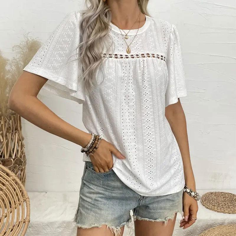 

Летняя женская футболка с трикотажной вышивкой, полым кружевом, прозрачными летящими рукавами, рюшами, топы с короткими рукавами S белый