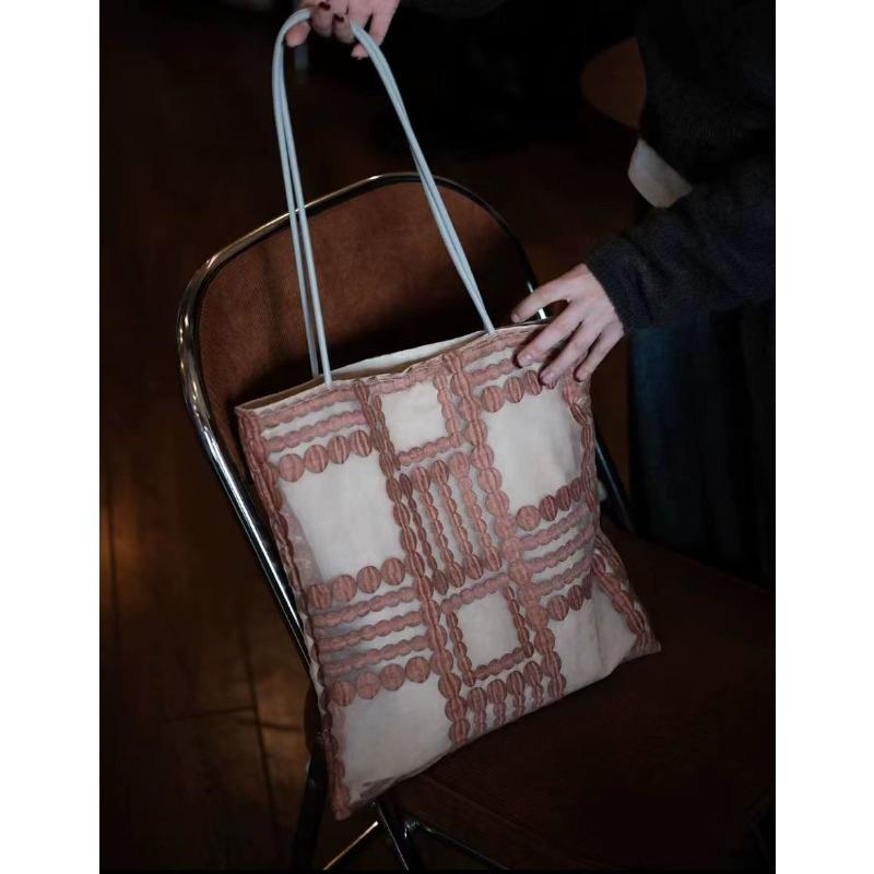 Spring and summer orange geometric lace yarn fashionable versatile girls shoulder bag canvas bag large capacity niche bag gift