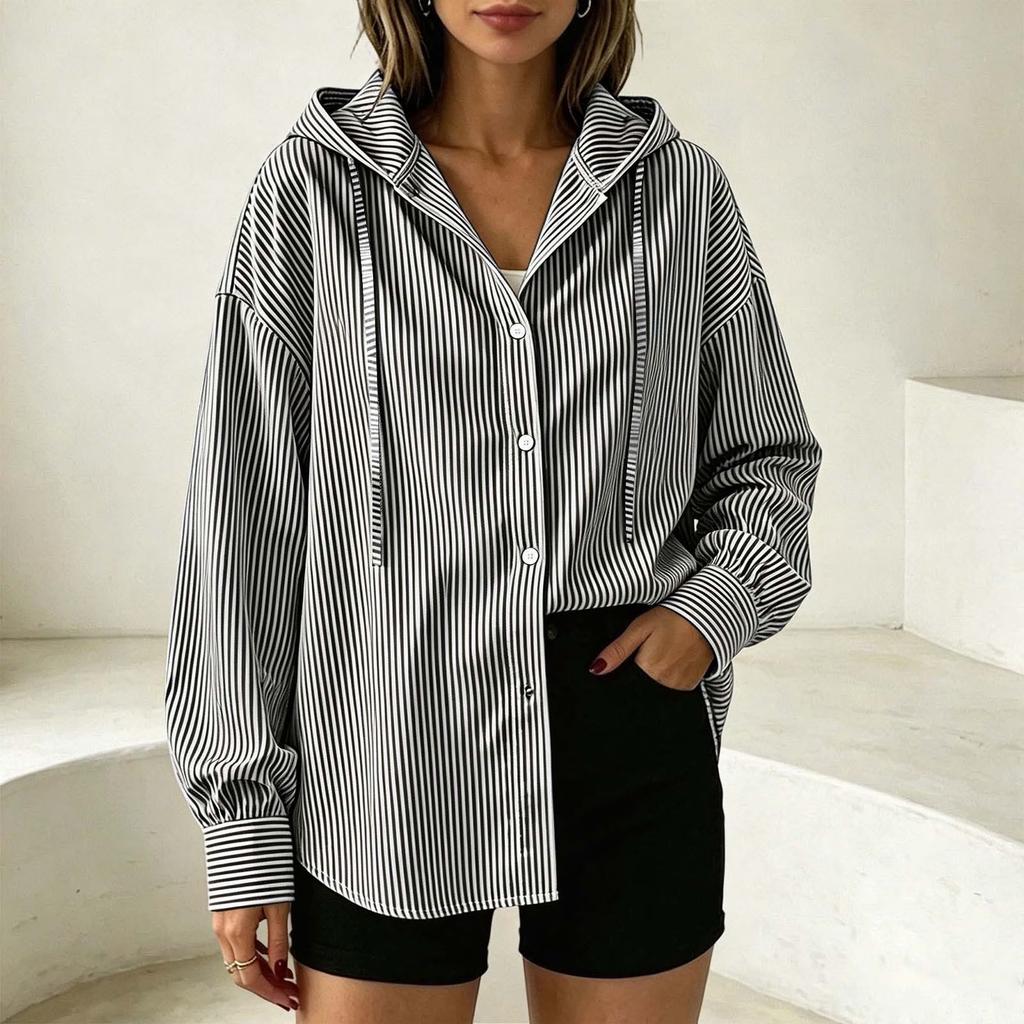 Women's Long Sleeve Hooded Shirt, Striped Loose Fit Casual Blouse