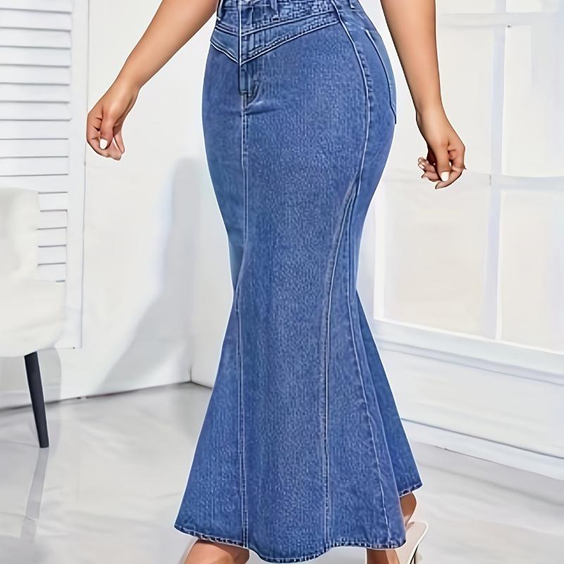 

European & American Style Elastic Denim Midi Skirt, New Cross-Border Fashion Small середній синього кольору