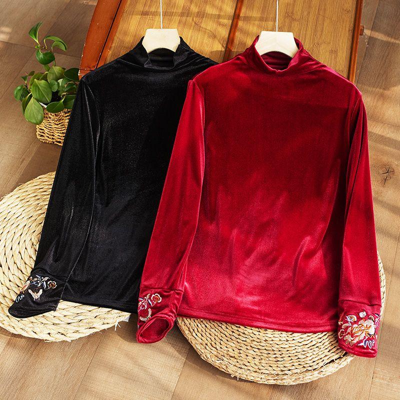 Vintage Women's Velvet Long-sleeve T-shirt Autumn/Winter Embroidered Turtleneck Velvet Blouse Stretch Pullover