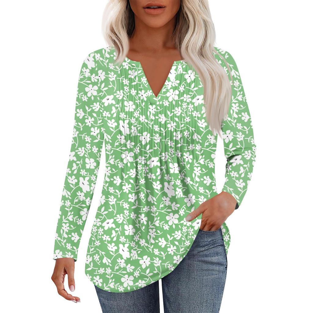 Women's Fashion Casual Pleated V Neck Solid Color Long Sleeve T-Shirt Elegant Tops