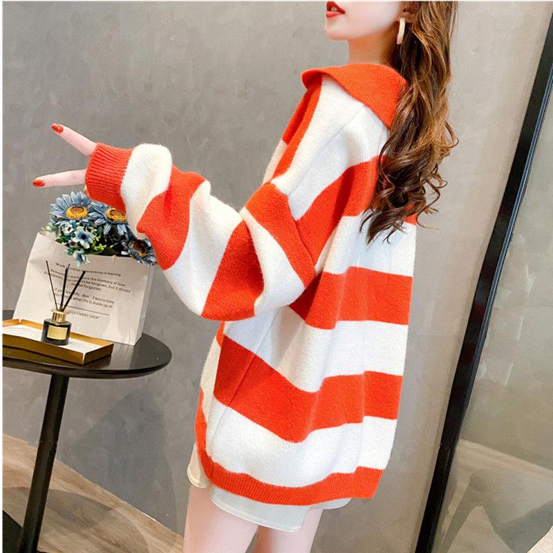 New Autumn and Winter Retro Lazy Minimalist V-neck Stripe Color Matching Loose Casual Oversized Thickened Women's Sweater
