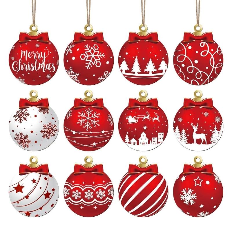 

12PCS Wooden Christmas Ball Ornaments Hanging Pendant Festival Home Decoration Decorative Holiday Party Supplies 1