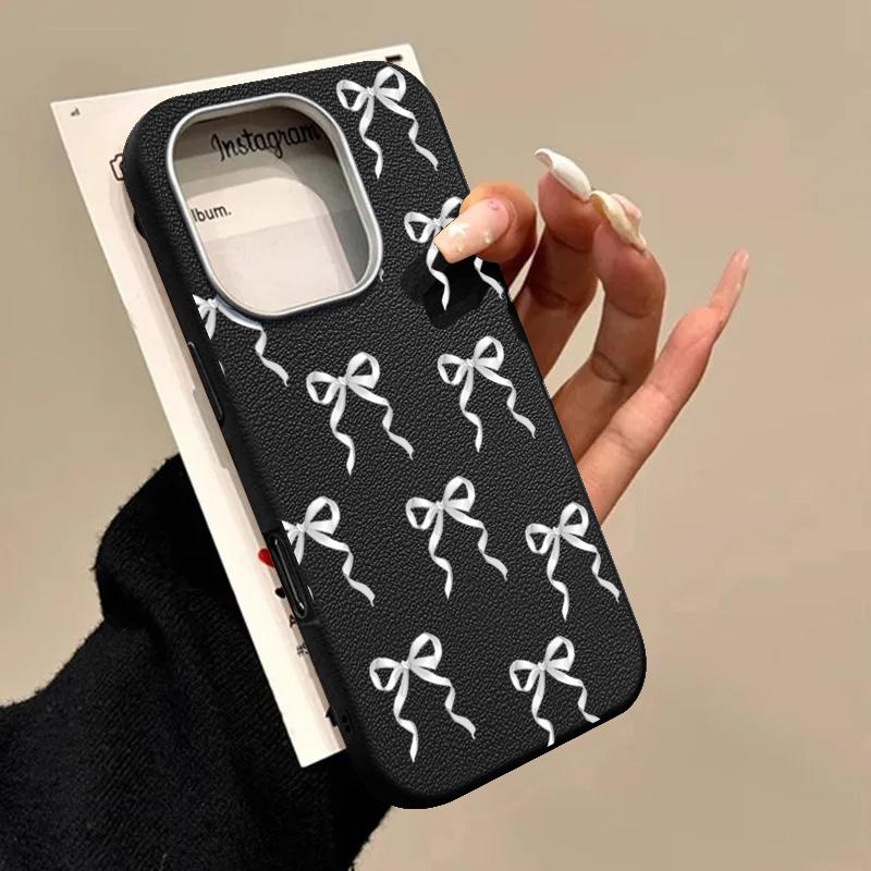 Bowknot Pattern TPU Leather Texture Case For iPhone 16 15 Pro Max 14 Pro 13 12 11 Slim Matte Shockproof Soft Phone Cover