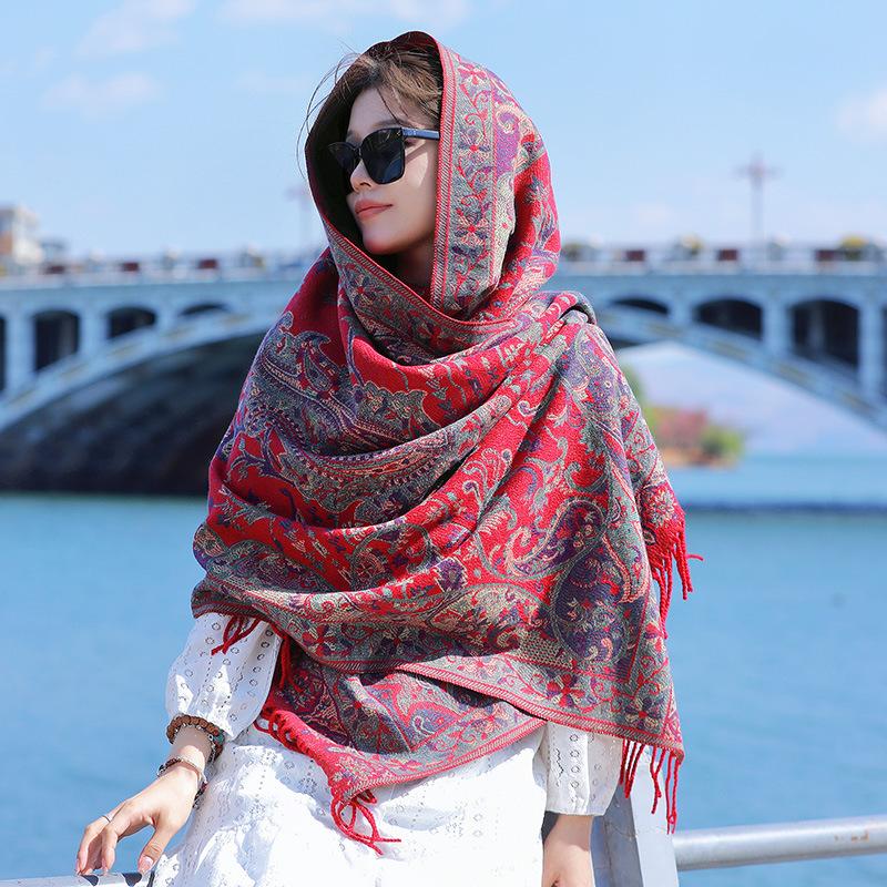 The photo is so beautiful~ Red travel scarf Qinghai Xizang desert ethnic style imitation cashmere thermal shawl women's cape
