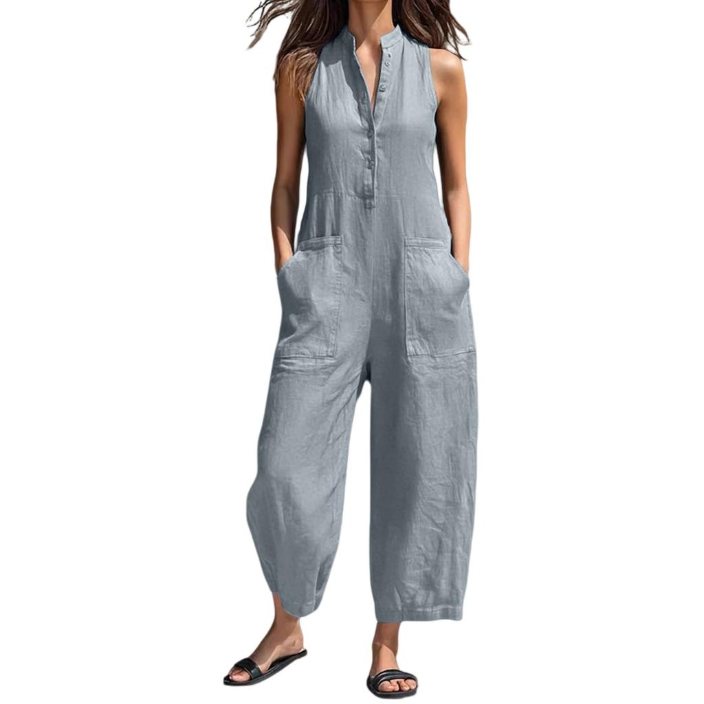 Tuta da donna senza maniche, vestibilità ampia, con tasche, chiusura a bottoni sul davanti, colletto alla coreana, gamba larga, tuta intera casual