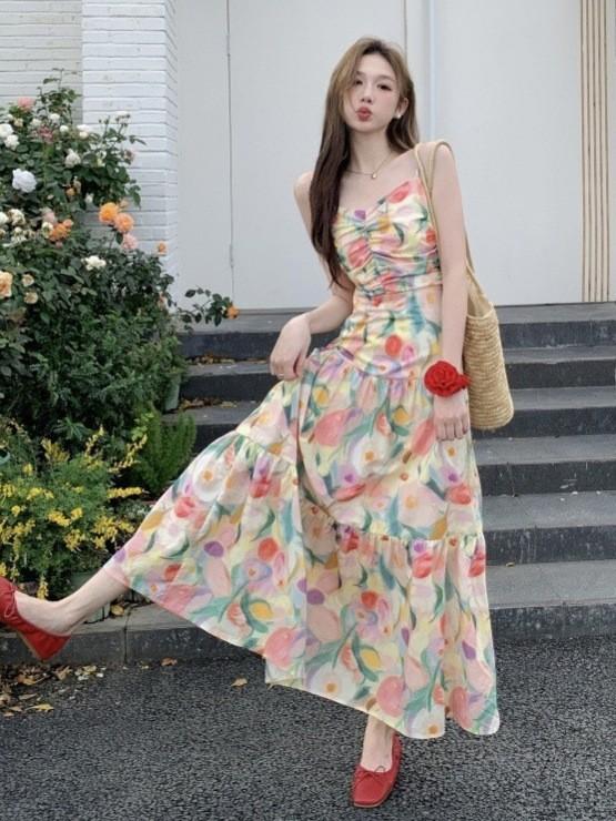 Seaside Vacation Dopamine Floral Dress with a Unique Design, a Stunning and Stunning Fairy-like French Spaghetti Strap Long Dress