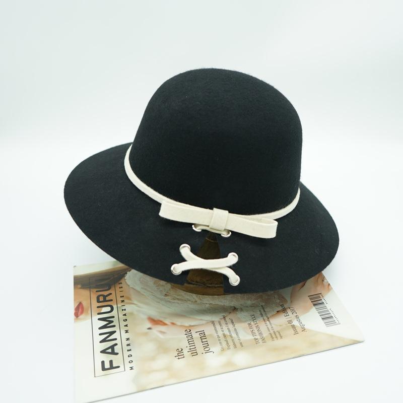 Black And White Contrasting Color Bow Small Fresh Hepburn Black Woolen Basin Hat Women'S Autumn And Winter French Retro Fisherman Top Hat