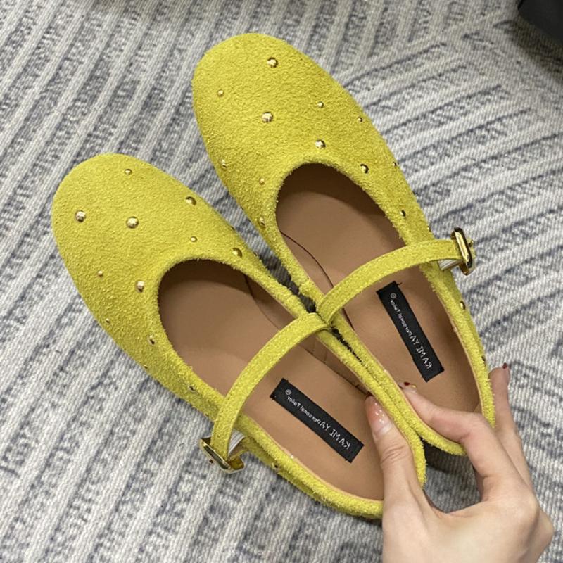New Metal Rivets Mary Janes Women Comfort Soft Bottom Round Toe Flat Casual Shoes Elegant Slingback Brand Ballet Shoe for Ladies