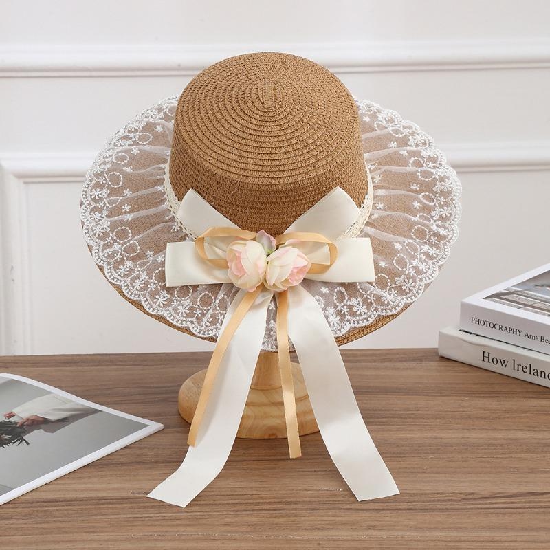 Summer Bow Sun Hat Female, Seaside Beach Vacation Sun Hat Outdoor Big Brim Sun Hat Sweet Straw Hat