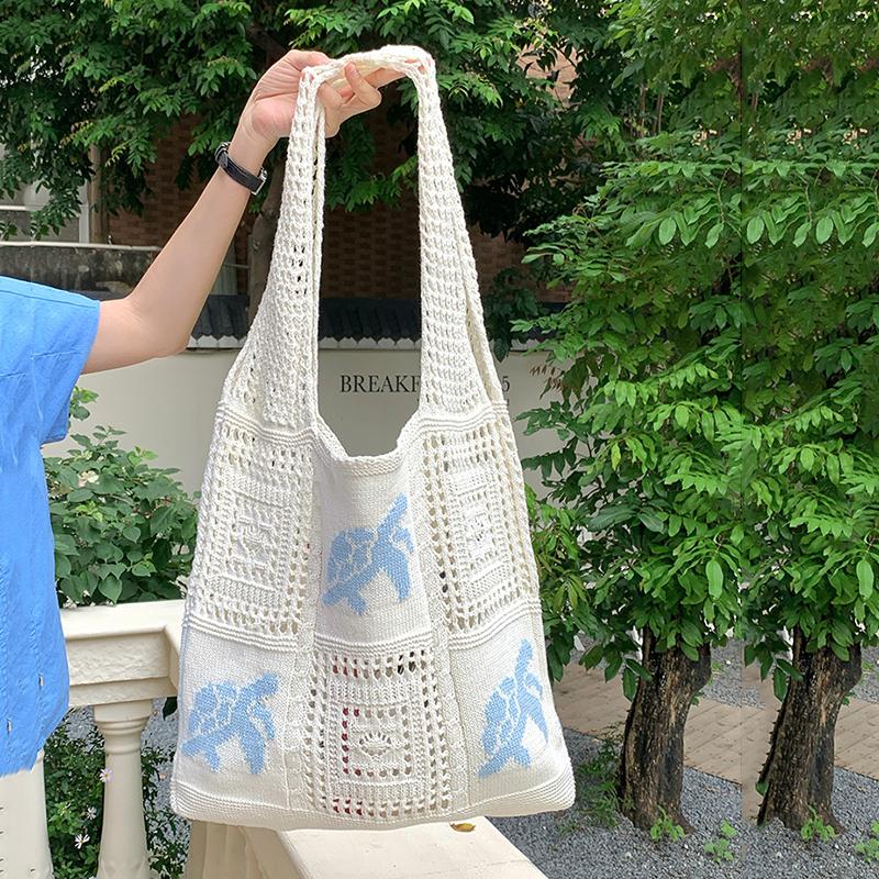 Yogodlns Nová háčkovaná taška, Kabelka s velkou kapacitou, Vyšívaná háčkovaná taška s výpletem, Korejská háčkovaná denní kabelka