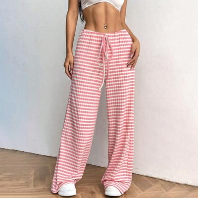 Women Pants Casual Wide Leg Trousers Elastic Waist Adjustable Drawstring Striped Design Loose Fit Trousers Daily Wear
