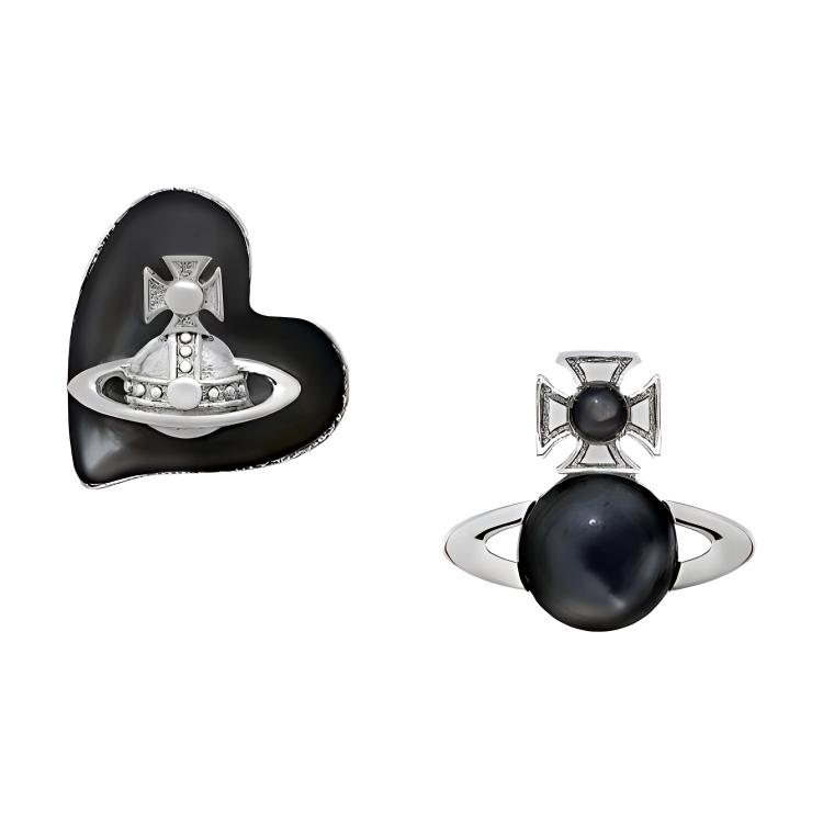 Vivienne Westwood Thomasina Heart Saturn Asymmetrical Earrings Women earrings Black Silver 6201034302P244P244 Box
