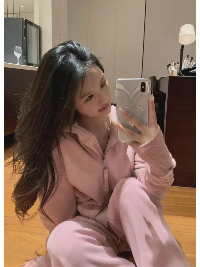 Women's Casual Sports Suit, 2025 Spring/Autumn: Korean Style Wide-Leg Pants & Slim Sweater Two-Piece Set