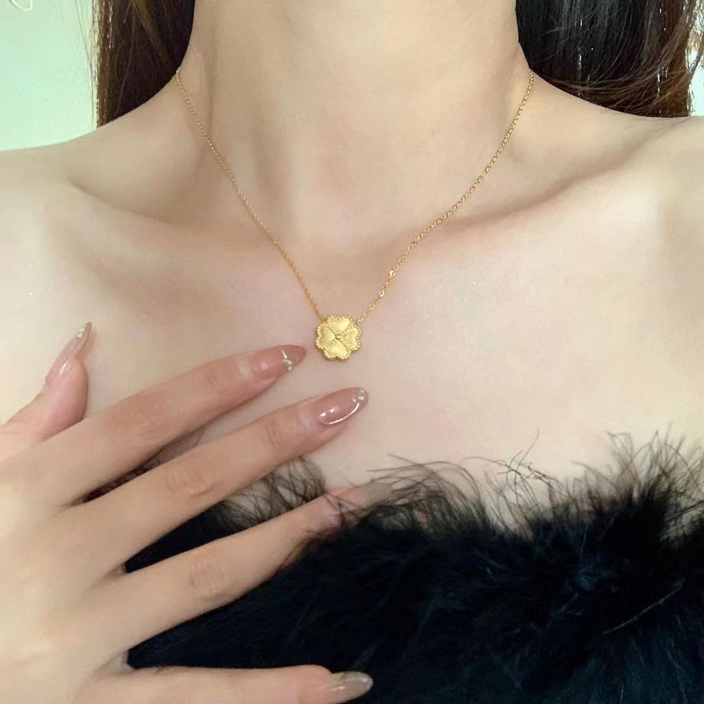 24K Gold-Plated Titanium Necklace: Heart & Four-Leaf Clover Design