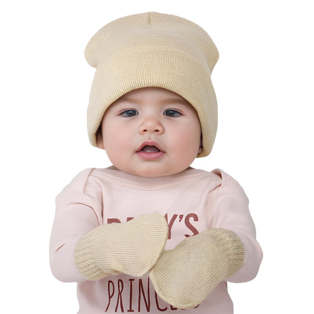 Baby Knitted Hat Glove Set Autumn and Winter Children's Solid Color Wool Pullover Hat