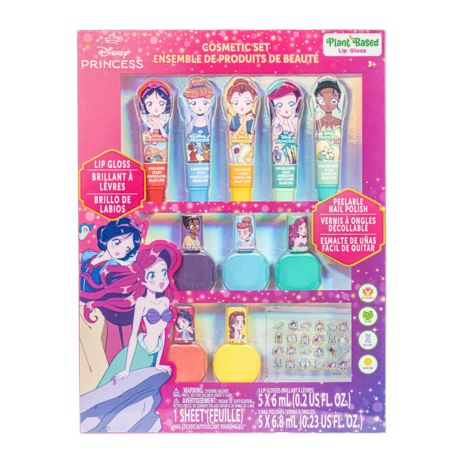 

TownleyGirl Disney Princess Kids Nails, 10-Piece Assortment: 5 Lip Glosses, 5 Peel-Off Nail Polishes, and 24 Nail Stickers