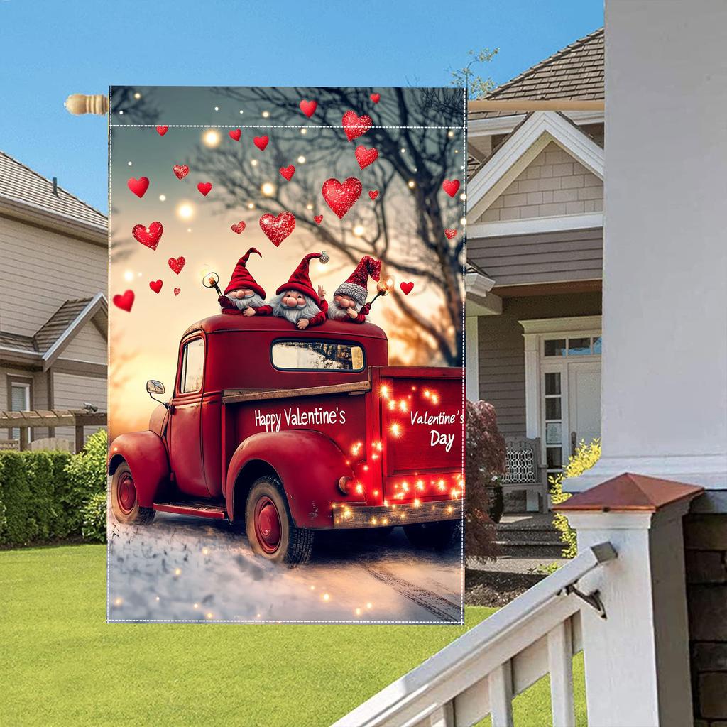 1pc Valentine'S Day Garden Flag - Double-Sided Polyester Decor with Red Truck, Hearts, Balloons & Flowers , No Electricity Needed, Outdoor Lawn & Home