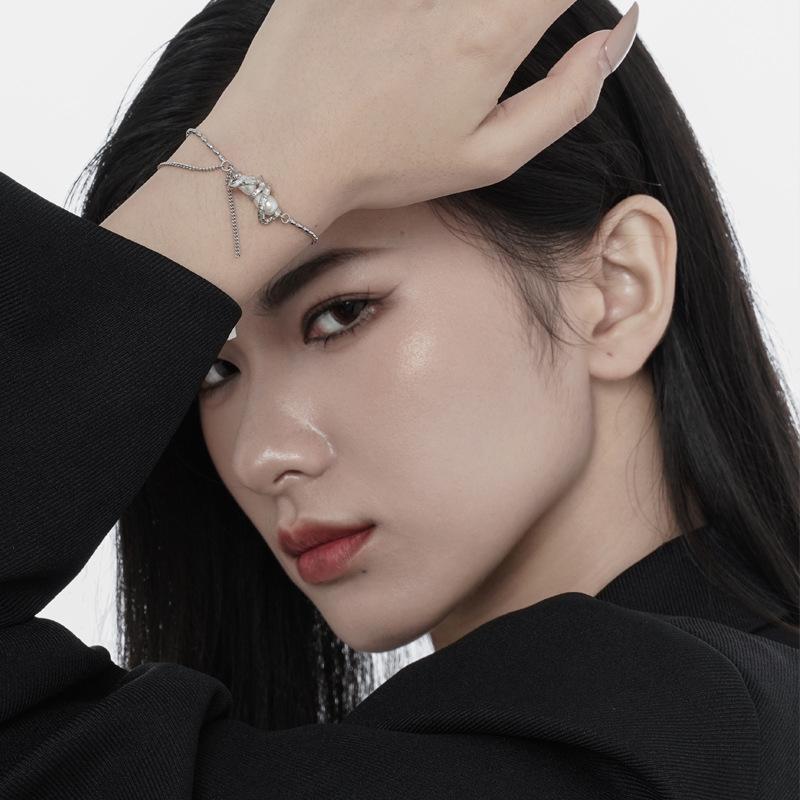 Versione Coreana Bracciale Minimalista con Perline di Riso All'Ingrosso da Donna Argento Puro S925 Nicchia Stile Freddo e Indifferente Lusso Leggero Perle Artigianali