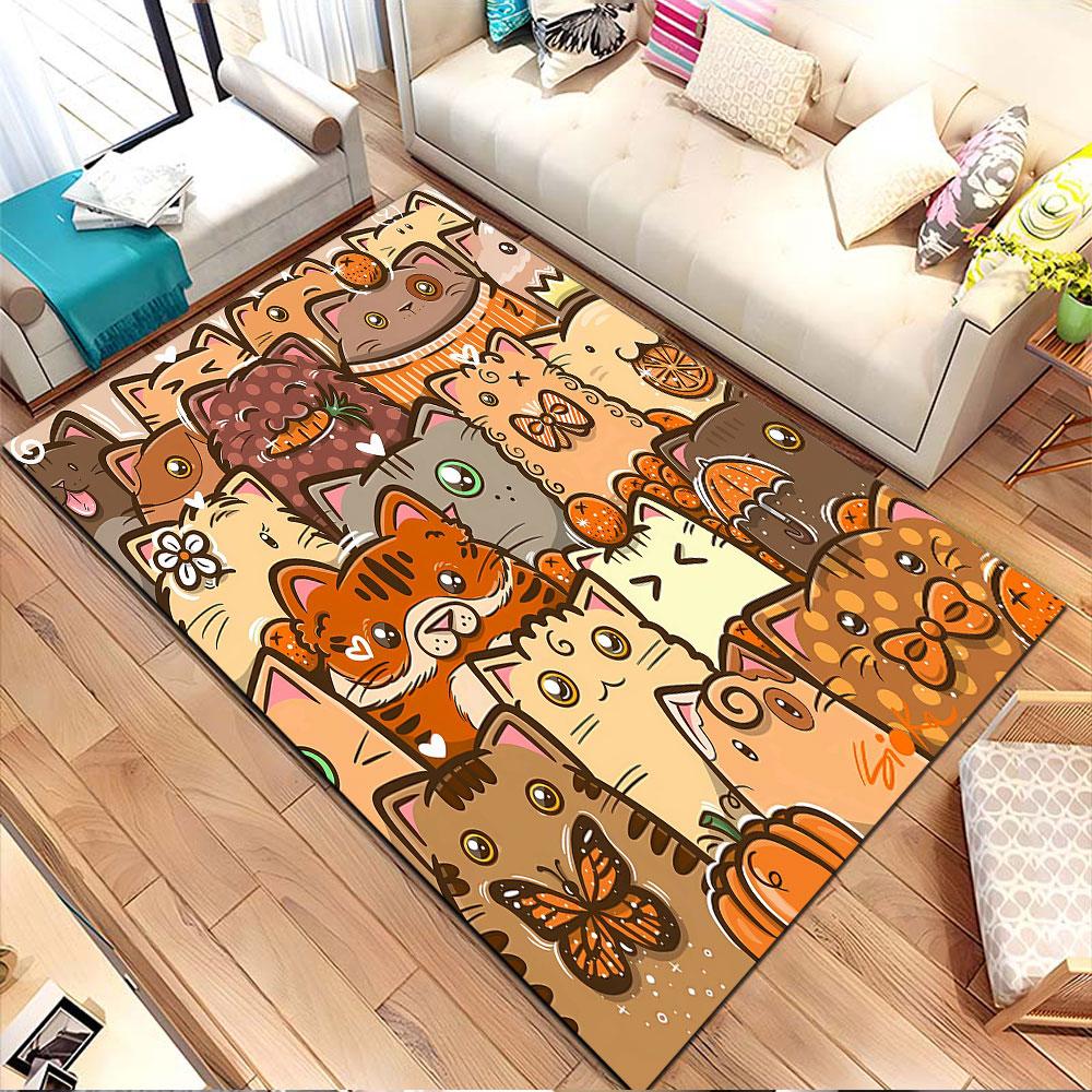Autumn-Themed Cute Cartoon Cats Illustration Patterned Carpet, Non Slip Mat Suitable for Living Room and Bedroom Sofas